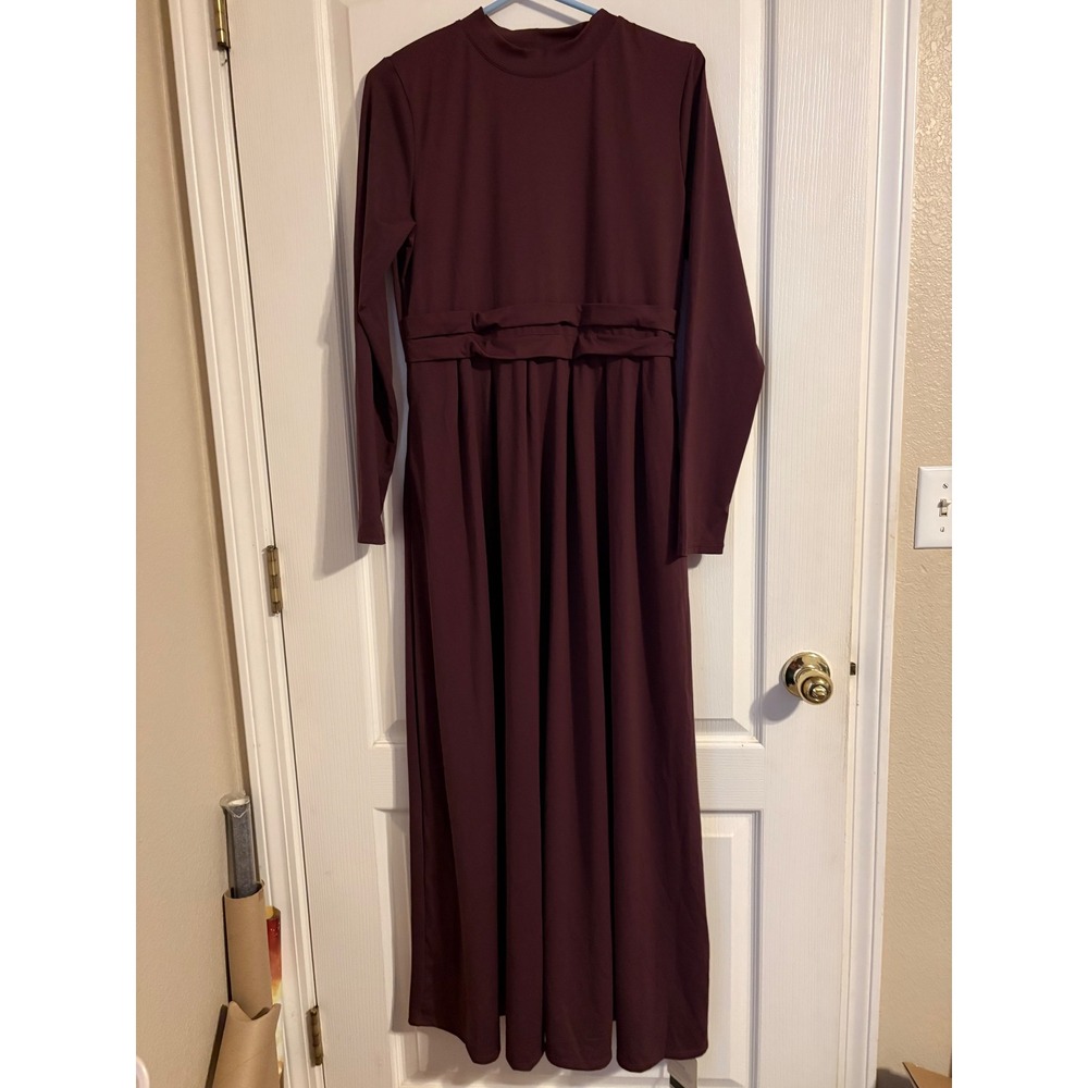 Halara Maxi Dress Womens Large Burgundy New Long Sleeve Mock Neck Pleated Gown